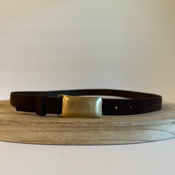 Vintage 90s Brown Vegan Leather Golden Buckle Belt Size Small - Medium - Picture 8 of 8